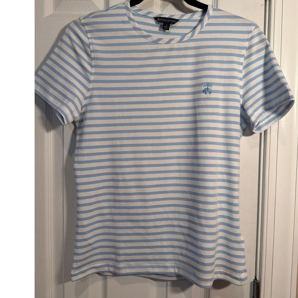 Brooks Brothers Stripes Tee Light Blue/White Crewneck Golden Fleece Size S